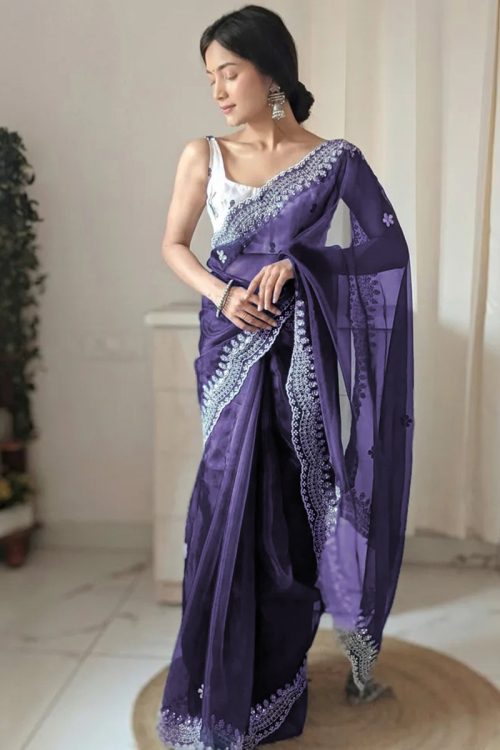 Silver Zari Embroidered Organza Purple Saree