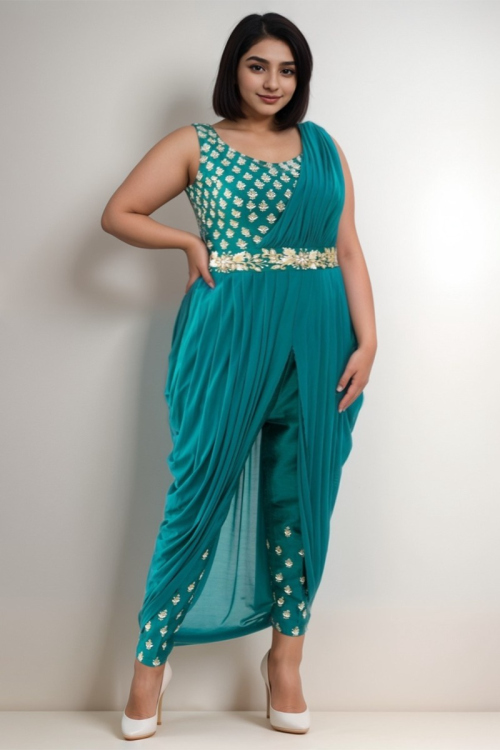 Peacock Blue Georgette Plus Size Embroidered Pant Style Saree