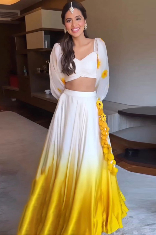 Satin Silk White And Yellow Ombre Lehenga for Wedding & Party