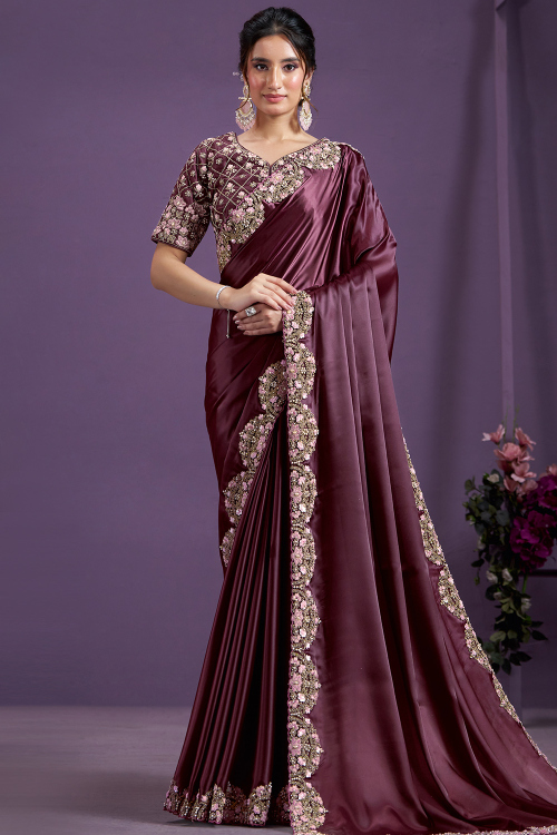 Satin Wine Maroon Dori Embroidered Light Weight Saree