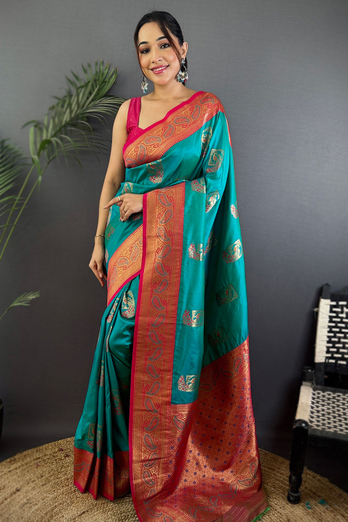 Sea Blue Art Silk Broad Border Saree With Weaved Work