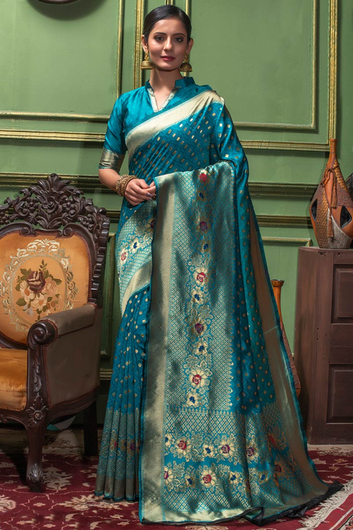 Sea Blue Banarasi Silk Wedding Wear Saree