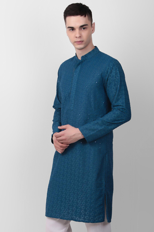 Sea Blue Cotton Chikankari Embroidered Straight Cut Men's Kurta