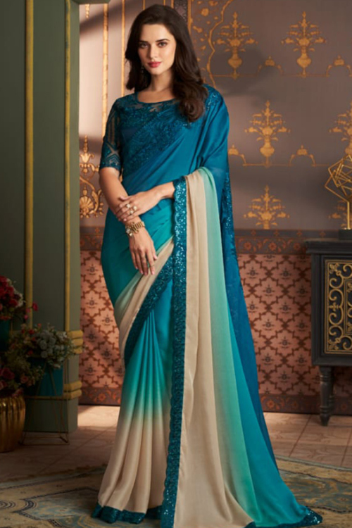 Sea Blue Embroidered Party Wear Silk Ombre Saree 