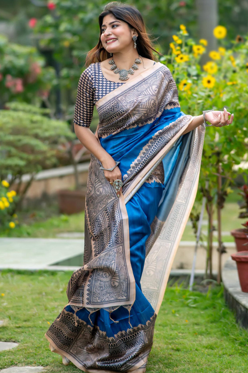 Sea Blue Madhubani Printed Light Weight Silk Saree