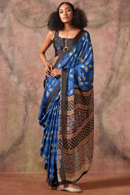 Sea Blue Satin Georgette Saree With Printed Work For Festival
