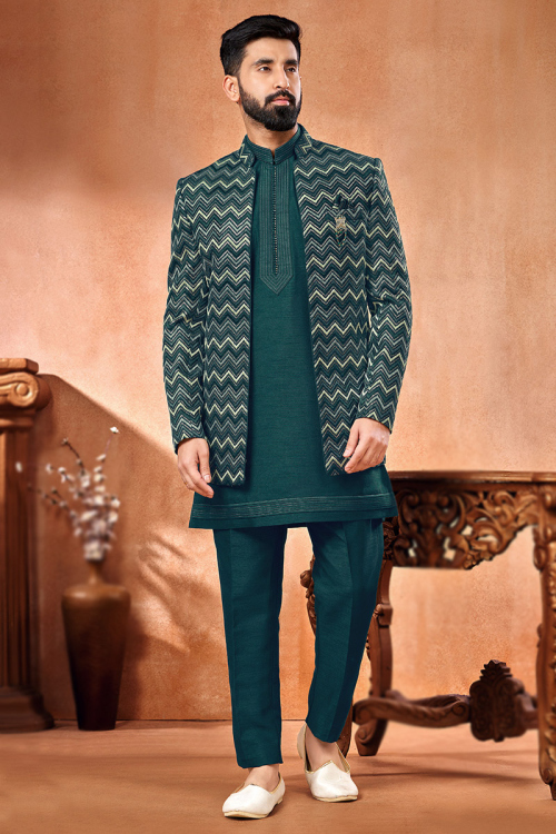 Sea Green Silk Embroidered Jacket Style Men's Kurta Pajama