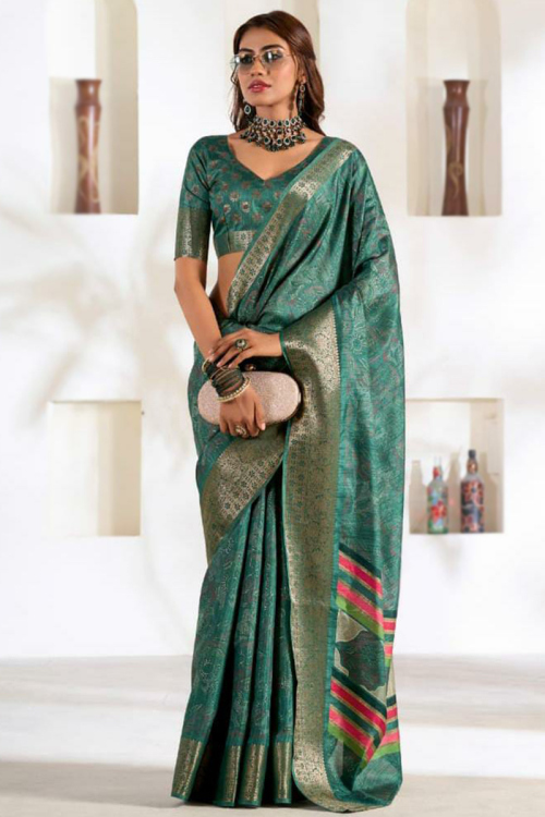 Sea Green Silk Printed Lightweight Saree For Mehndi 