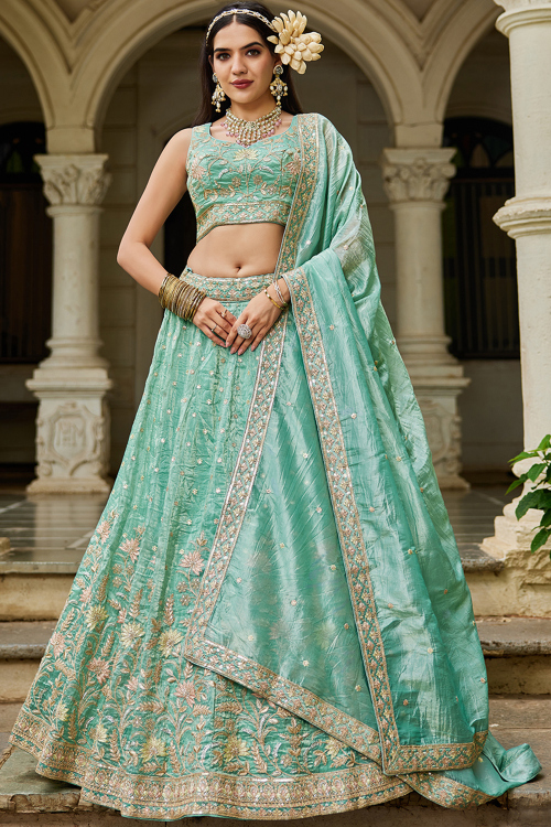 Sea Green Tissue Panelled Lehenga With Sequins Work