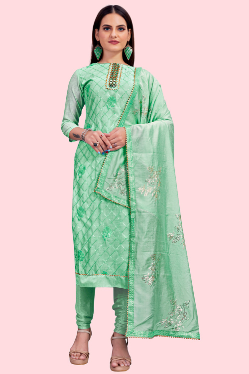 Seafoam Green Chanderi Silk Straight Cut Churidar Suit