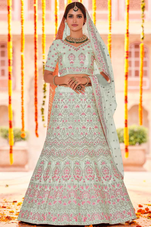 Seafoam Green Crepe Embroidered Lehenga