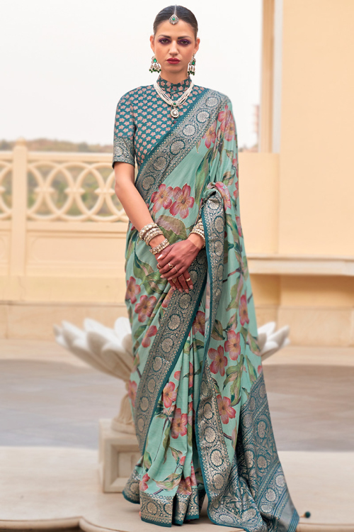 Seafoam Green Floral Print Lightweight Silk Saree For Mehndi 