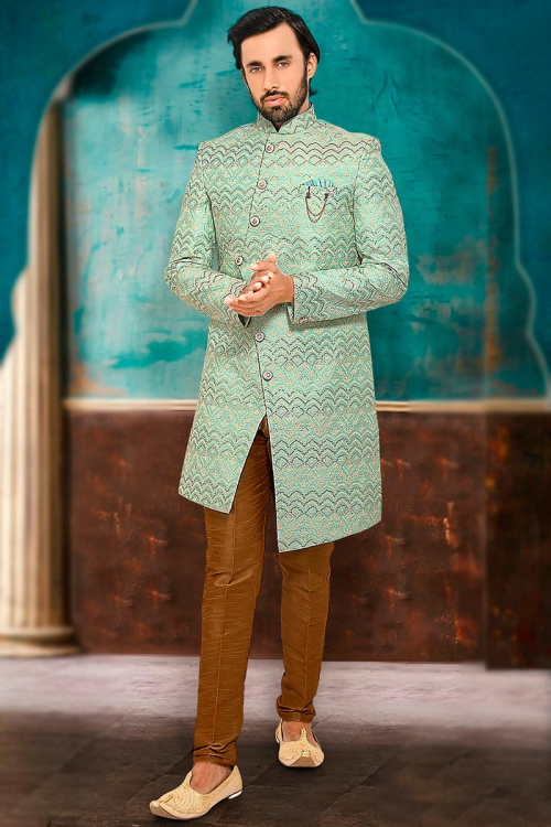 Seafoam Green Sequins Embroidered Jacquard Men Angrakha Sherwani