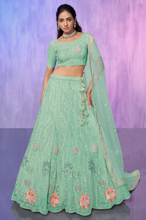 Seafoam Green Sequins Embroidered Party Wear Lehenga 