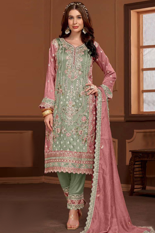 Seafoam Green Silk Resham Embroidered Straight Cut Trouser Suit 