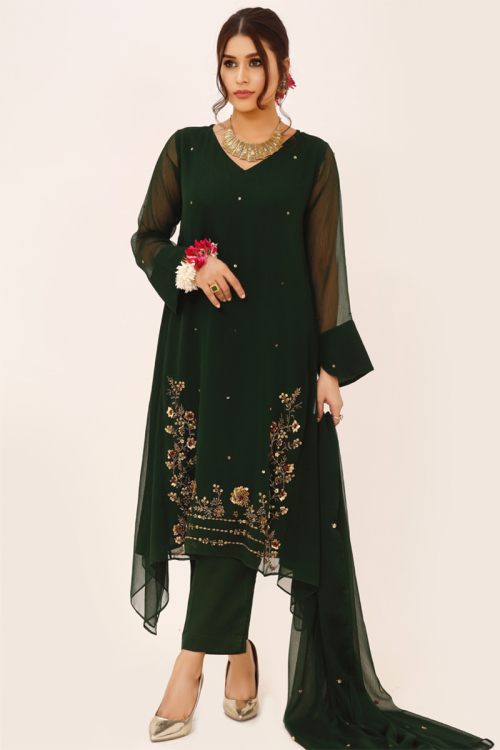 Sequins Embellished Georgette Dark Green Trouser Suit