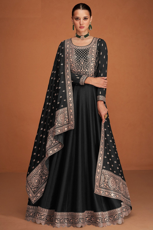 Sequins Embroidered Black Silk A Line Wedding Anarkali Suit