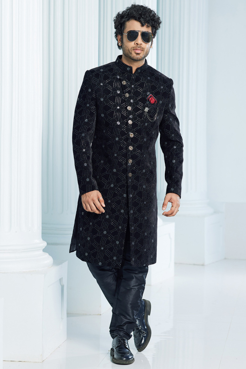 Sequins Embroidered Black Velvet Men's Sherwani 