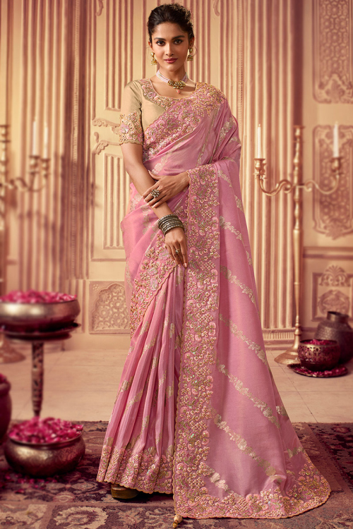 Chinnon Lavender Pink Resham Embroidered Wedding Wear Saree