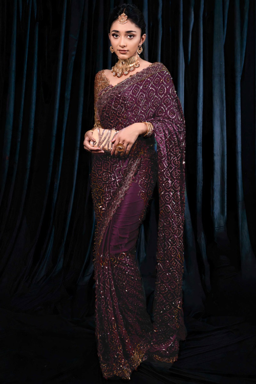 Sequins Embroidered Dark Maroon Heavy Organza Saree for Wedding & Party