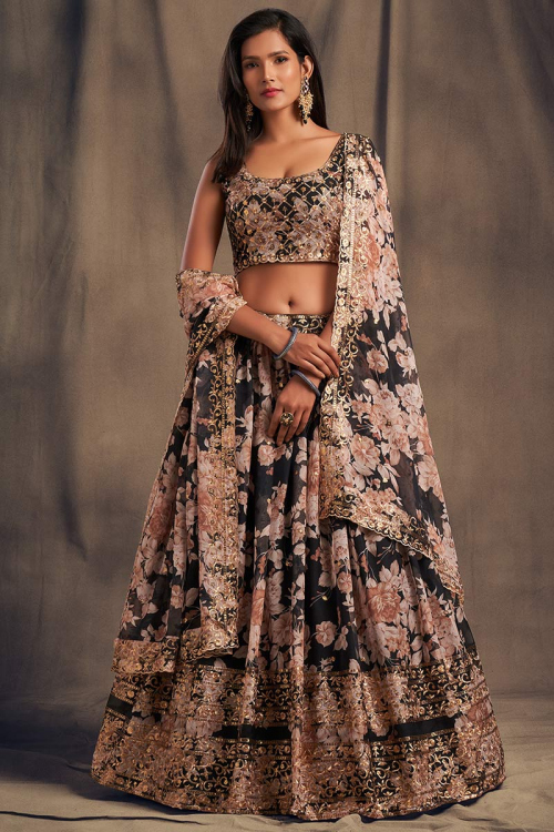 Sequin Embroidered Organza Black Lehenga for Wedding & Party