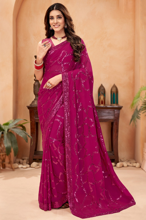 Saree for Party Wear in Georgette Cerise Pink with Sequins Work