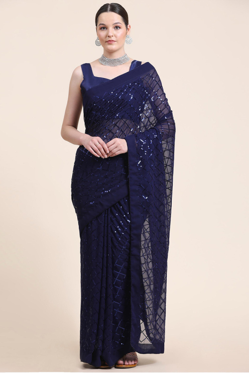Georgette Saree with Lace Embroidery in Navy Blue for Party 