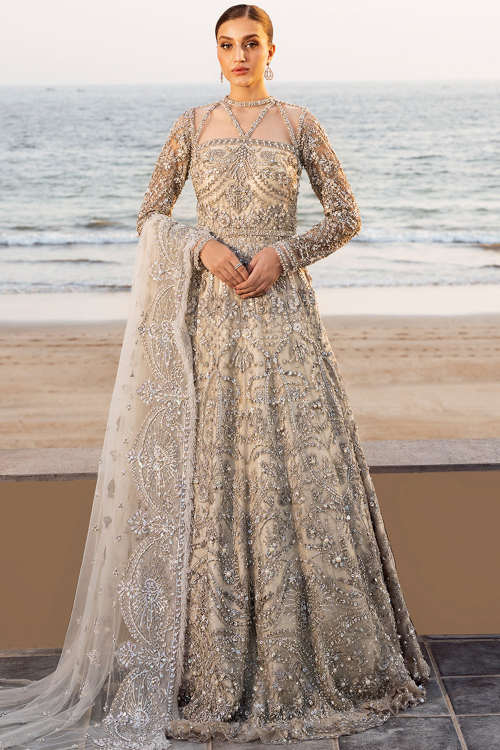 Light Beige Net Sequins Embroidered Bridal Salwar Kameez Gown