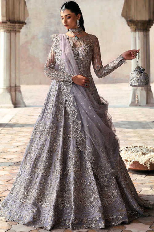 Light Purple Net Sequins Embroidered Bridal Salwar Kameez Gown