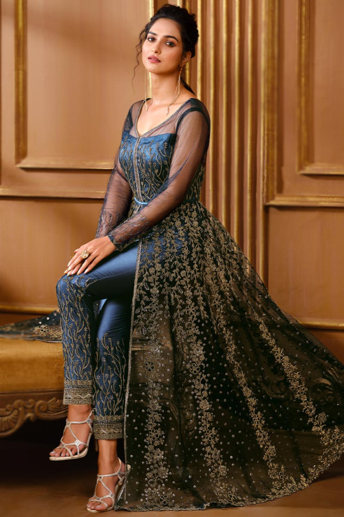 Sequins Embroidered Net Bluish Grey Pakistani Anarkali Suit