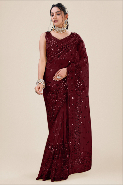 Sequins Embroidered Net Dark Maroon Fancy Saree 