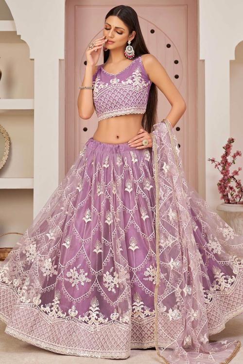Sequins Embroidered Net Light Mauve Lehenga