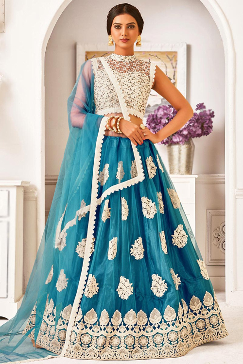 Sequins Embroidered Net Sea Blue Party Wear Lehenga