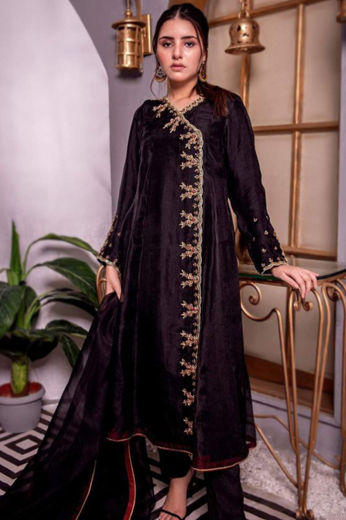 Calf Length Pakistani Anarkali Suit in Organza Dark Purple for Party