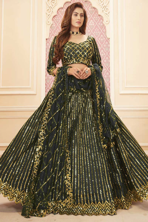 Sequins Embroidered Satin Silk Emerald Green Lehenga