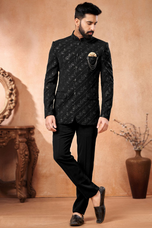 Sequins Embroidered Silk Men's Black Jodhpuri Sherwani 