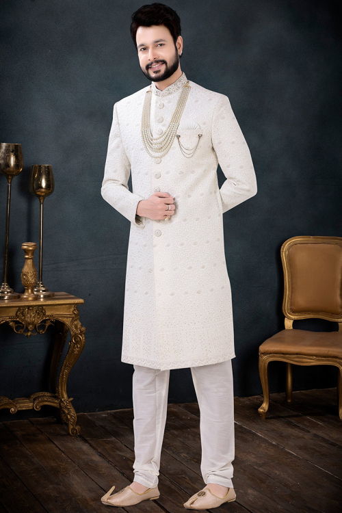 Silk Men Sherwani in White colour with Sequins Work for Party 
