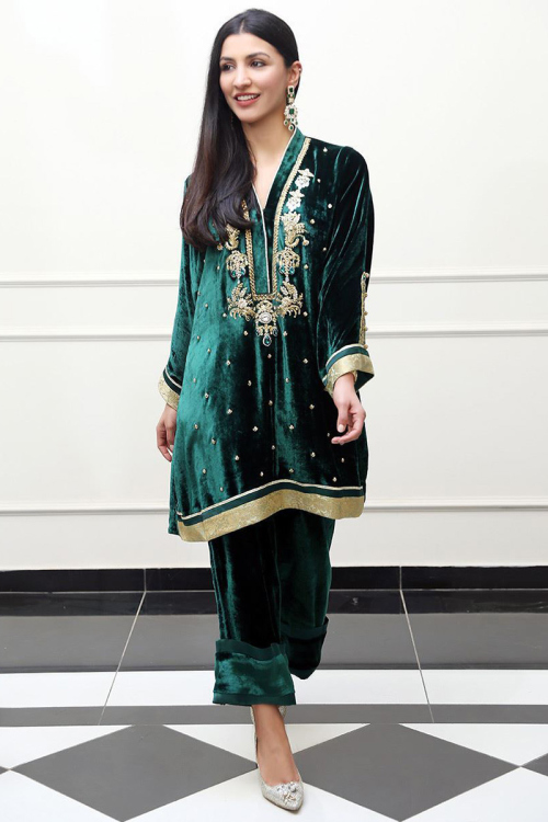 Sequins Embroidered Velvet Dark Green Wedding Pakistani Trouser Suit