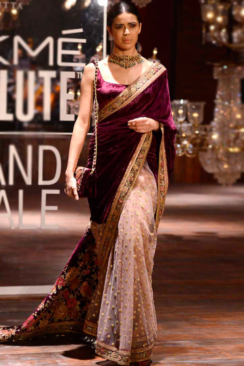 Sequins Embroidered Velvet Wine Maroon Saree