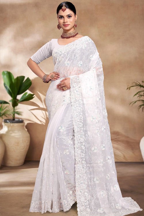 Sequins Embroidered White Chiffon Shimmer Saree