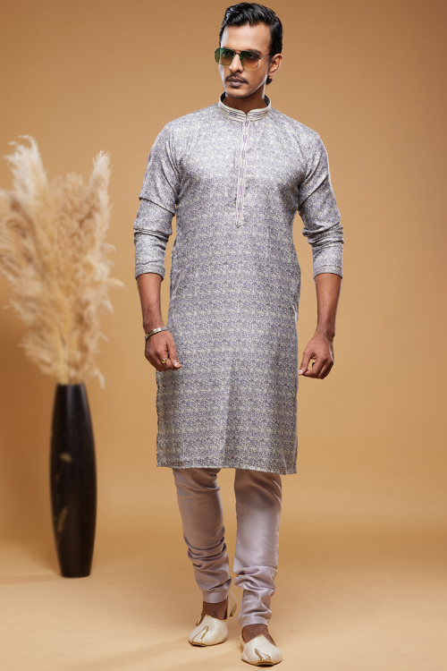 Printed Art Silk Off-White Side Slit Men's Kurta Churidar