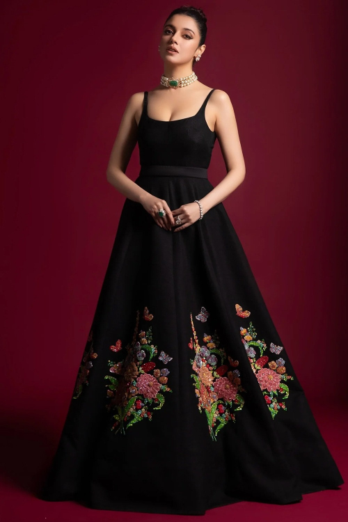 Statement Party Gown in Black Silk with Sequin Work