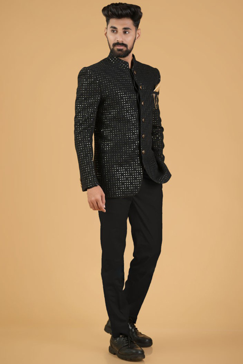 Silk Black Sequins Embroidered Jodhpuri Style Men's Coat Pant