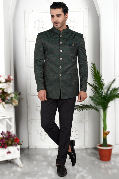 Silk Black Weaved Thread Jodhpuri Style Men's Sherwani 