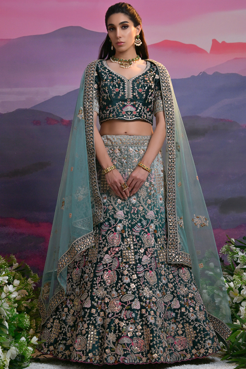 Art Silk Teal Green Lehenga with Dori Work for Mehndi