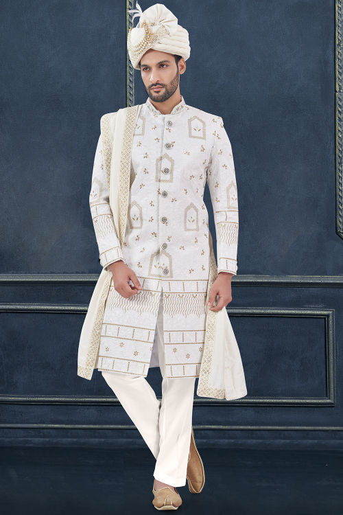 Silk Blend White Embroidered Jacket Style Men&#039;s Sherwani