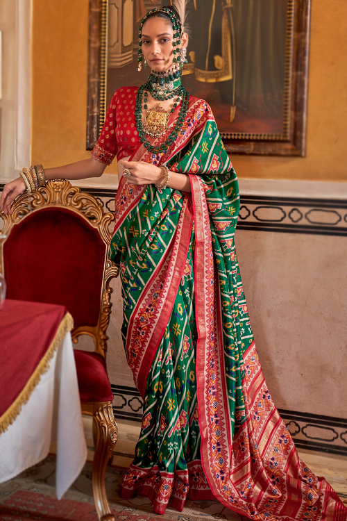 Patola Print Silk Saree in Dark Green Hue
