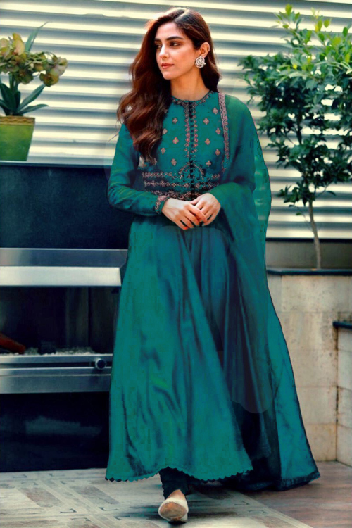Silk Embroidered Wedding Anarkali Suit In Peacock Green Colour