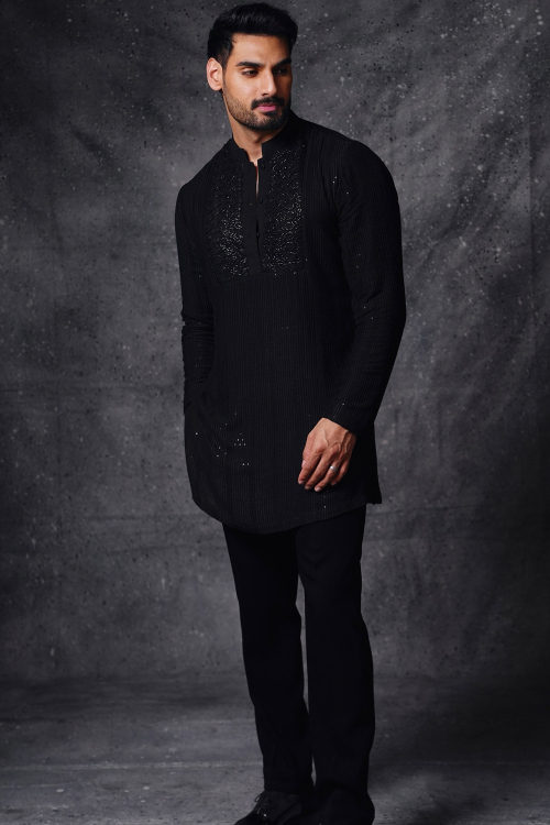 Silk Embroidered Black Men's Straight Cut Kurta Pajama 