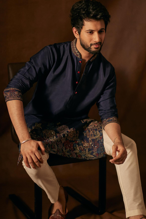 Silk Embroidered Navy Blue Men's Straight Cut Kurta Pajama 